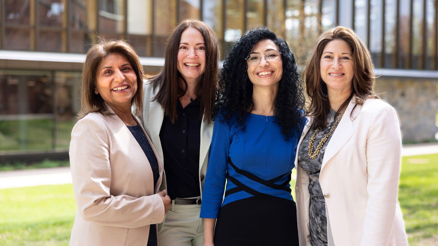 Quinnipiac University’s M&T Bank Center for Women & Business directors, Tamilla Triantoro, Associate Professor of Computer Information Systems, and Tuvana Rua, associate professor of management are photographed with Holly Raider, Dean of the School of Business and Poonam Arora, Associate Dean of Faculty Affairs.