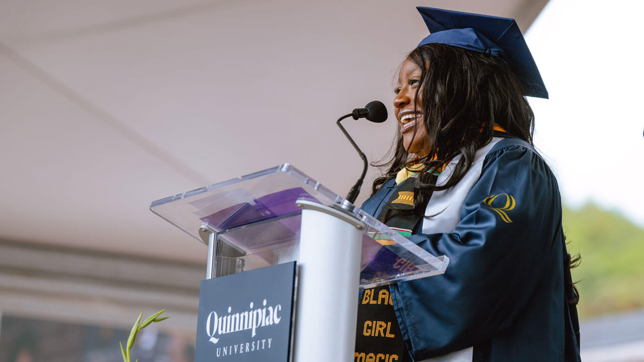 School of Health Sciences class of 2024 undergraduate student Kubi-Ayana Chinyere Alexandra Walters speaks to their fellow graduates during the Commencement ceremony.