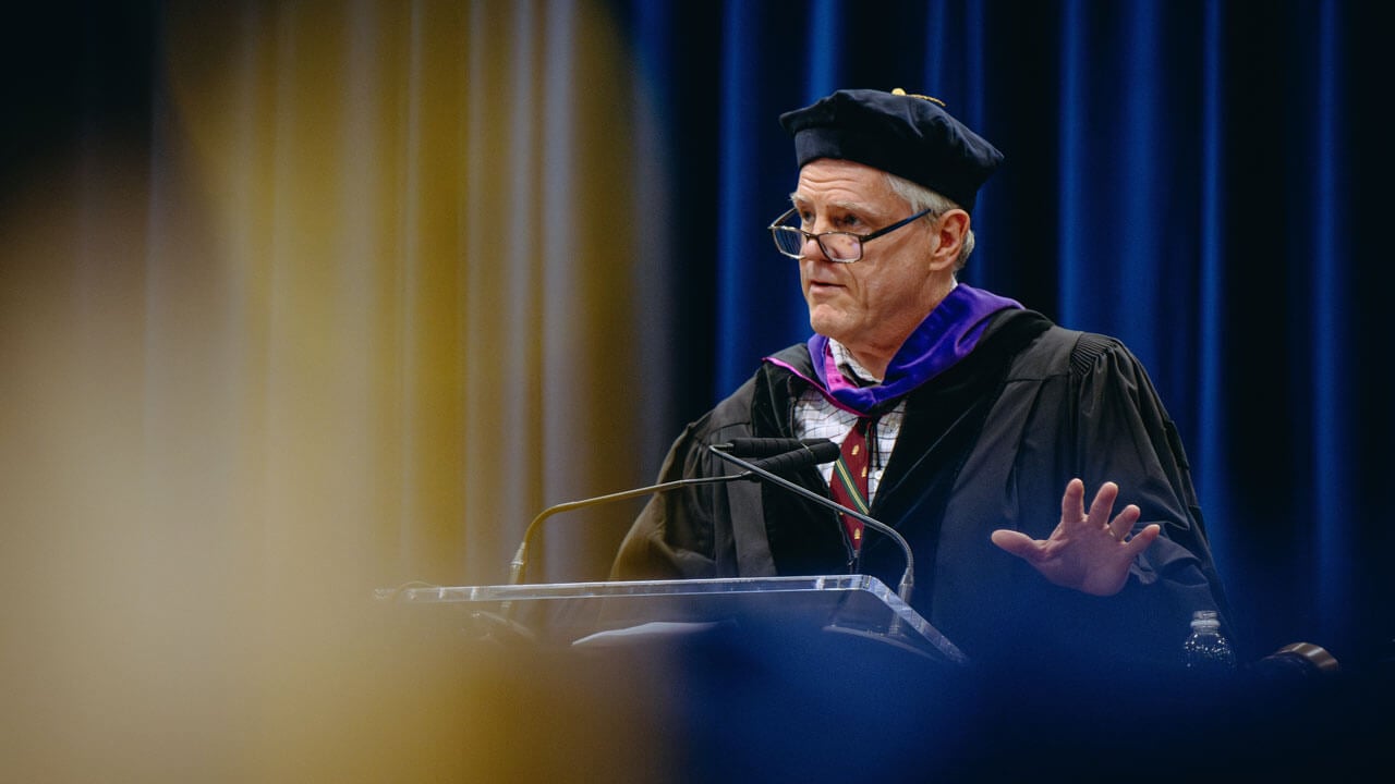 Professor Gilles speaks to the class of 2024 school of law graduates at the commencement ceremony.