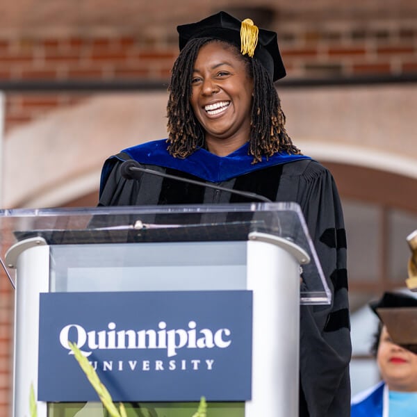 Jazzy Collins '14 delivers her keynote address during the Quinnipiac Commencement