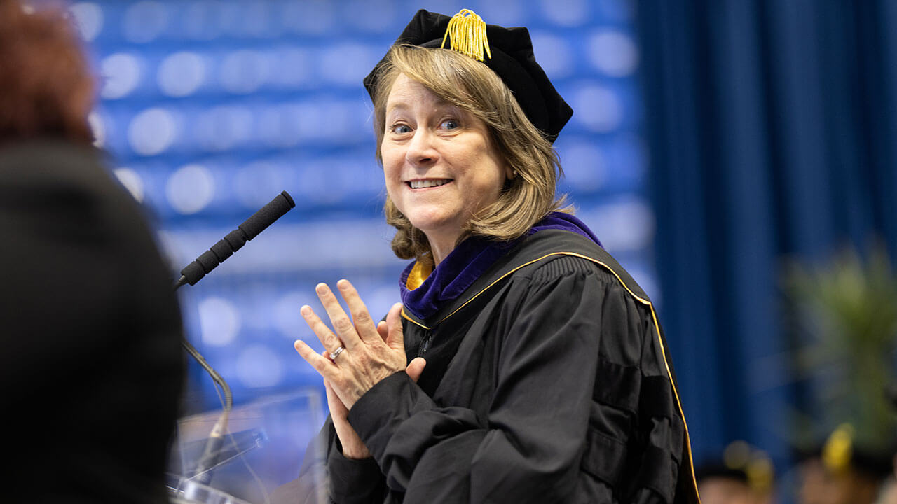 Dean Jennifer Brown gives a speech at the School of Law 2023 ceremony