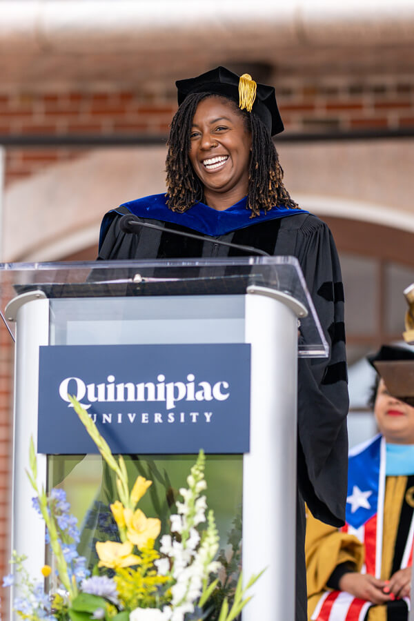 Jazzy Collins '14 delivers her keynote address during the Quinnipiac Commencement