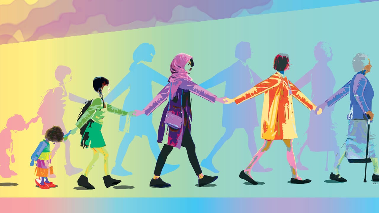 Colorful illustration of women of various cultures and ages guiding each other in a line