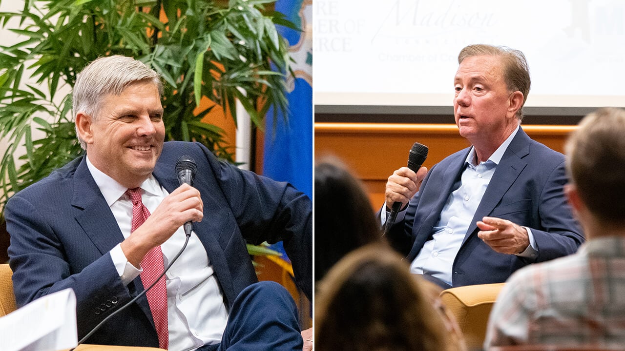 Bob Stefanowski and Governor Ned Lamont speak to an audience on the North Haven Campus