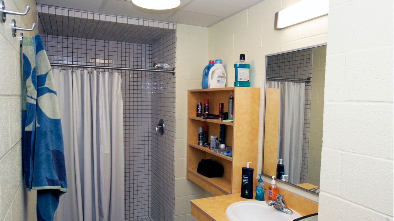 Eastview bathroom with storage shelves, sink, and shower