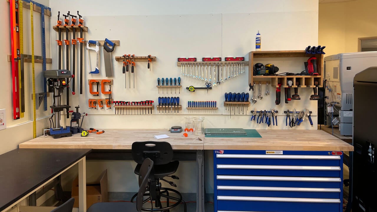 Dozens of tools and a workbench in the Quinnipiac engineering Maker Space
