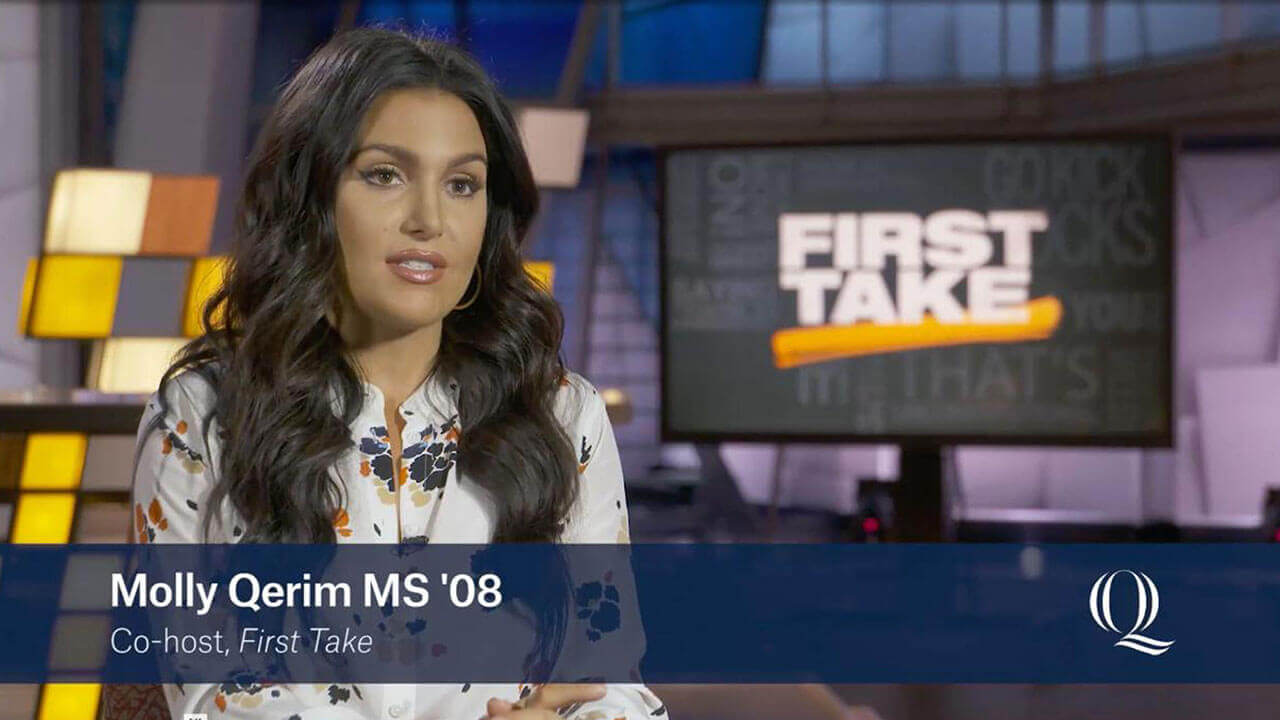 Journalism alumni Molly Qerim on set of ESPN First Take, starts video profile