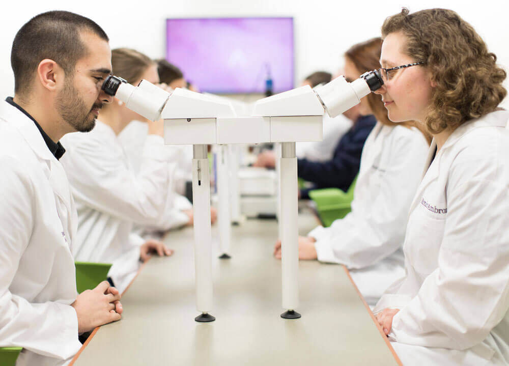Two students looking through a microscope