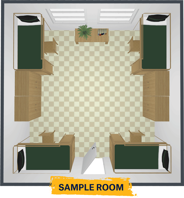 Rendering of a floor plan with 4 beds in each corner, 4 desks and a window in one room