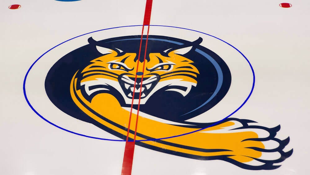 A fresh Quinnipiac Bobcat logo swipes the ice at High Point Solutions Arena in the TD Bank Sports Center on the York Hill Campus.