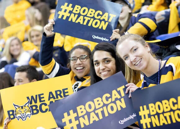 Quinnipiac fans cheer on their bobcats as mens ice hockey plays Yale in the 17th annual Heroes Hat hockey game, Friday, Feb. 8, 2019, at the People’s United Center.