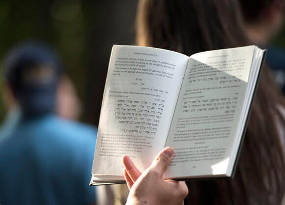 A photo of an opened Torah in a hand