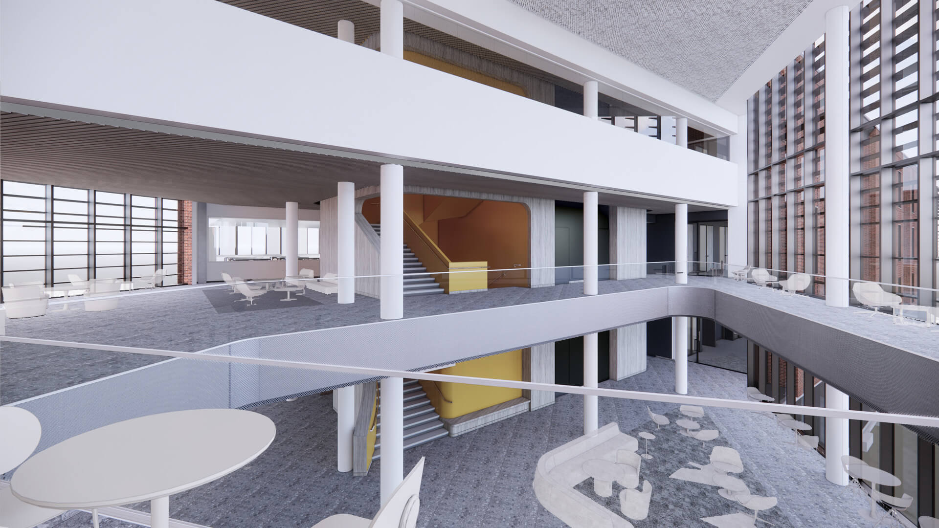 Render of the second floor view from the general academics building.