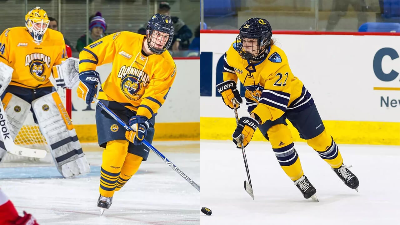 Devon Toews and Jade Barbirati skate in Quinnipiac Bobcats ice hockey uniforms
