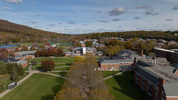 An aerial view of Quinnipiac's Mount Carmel Campus in the fall.