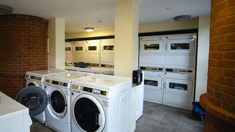 A laundry area in Quinnipiac University’s Crescent residence hall on the York Hill Campus.