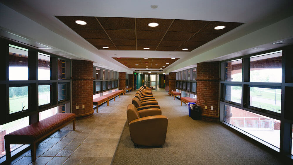 A common area in Quinnipiac University’s Crescent residence hall on the York Hill Campus.