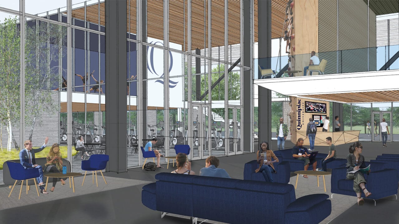 Students sit and read in a student center rendering.