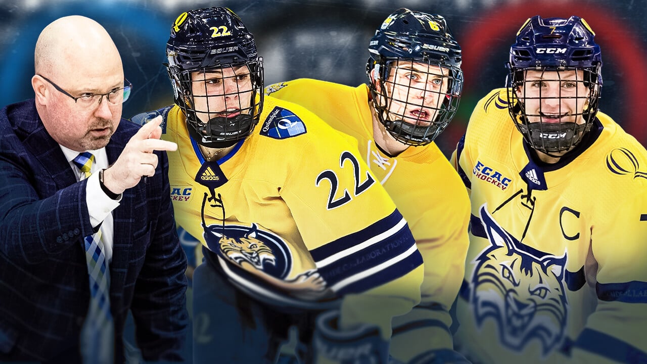 Graphic of four Quinnipiac Bobcats: Hill, Barbirati, Toews, Tabin