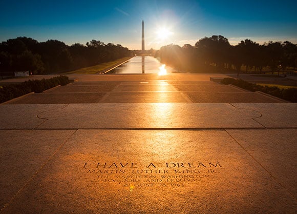 "I have a dream" engraved with the Washington Monument in the distance.