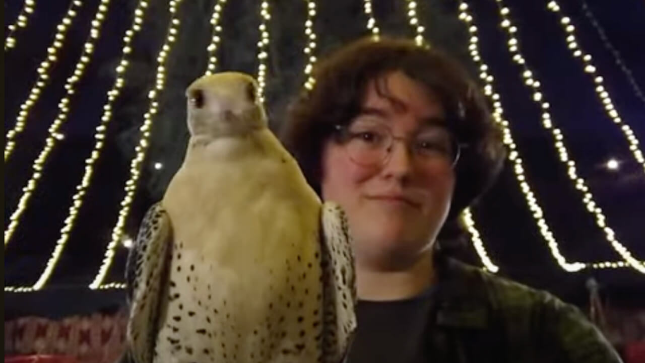 Remi Sheibley holding a hawk, plays video