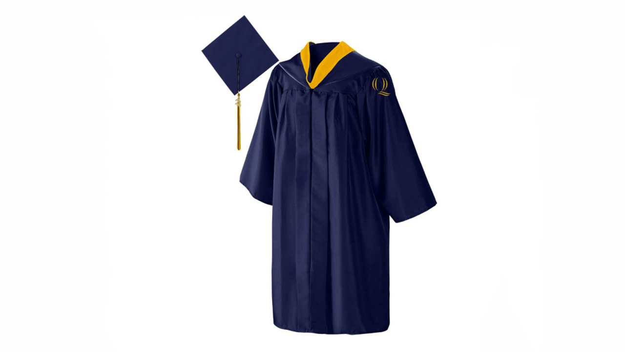 The new Quinnipiac cap and gown. They are navy blue with a yellow embroidered Q on the front chest.