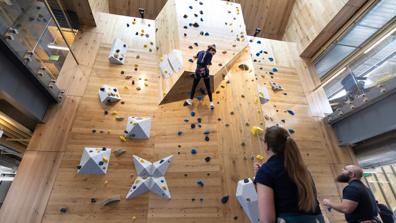 Two students belay a student climbing the two-story rock wall in the RecWell Center