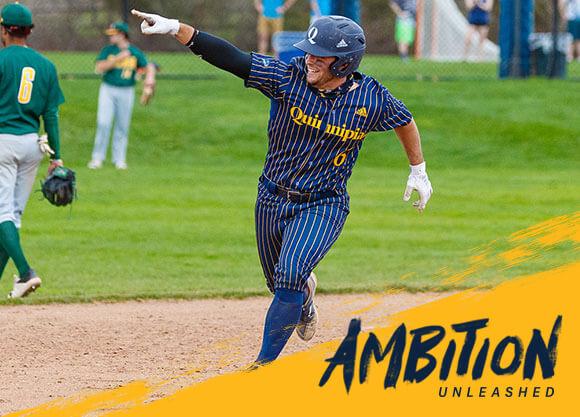 Ambition Unleashed: Colton Bender runs around the bases on the field, pointing and smiling