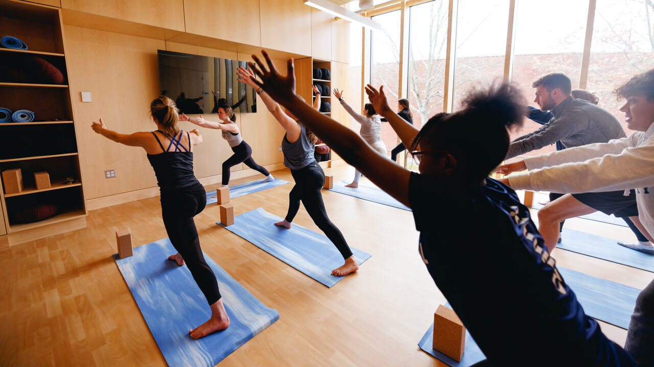 Students do a yoga pose on blue mats in the yoga studio