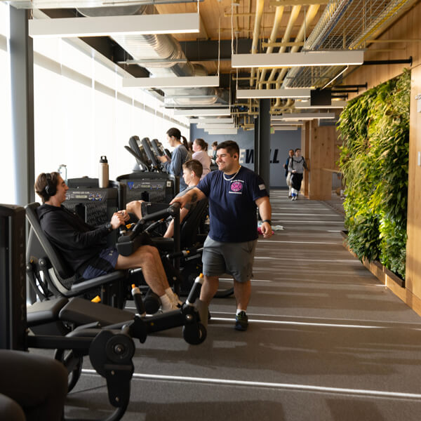 Students use cardio equipment in an area with natural light and a living green wall