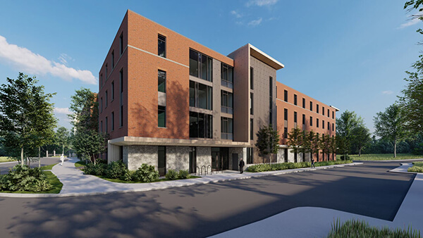 Architectural rendering of the The Grove residence hall as seen from the main entrance of the four story building.