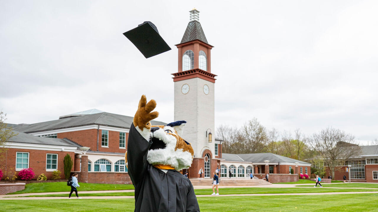 Boomer is wearing a graduation gown and throws a cap up in the air in front of the library.