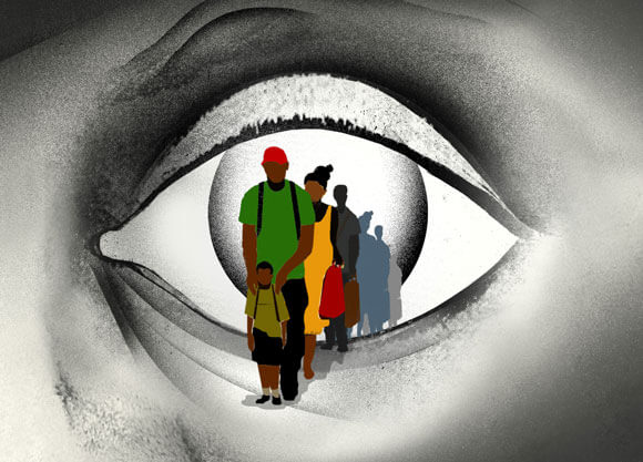 Illustration that depicts the plight of Haitian asylum seekers on the U.S. border