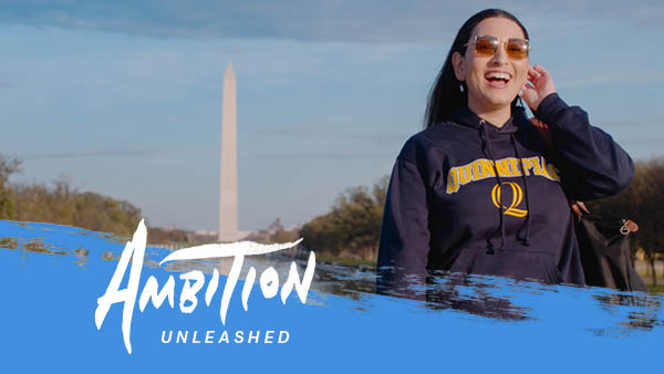 Ambition Unleashed: Ambar Pagan in front of the reflecting pool and Washington Monument