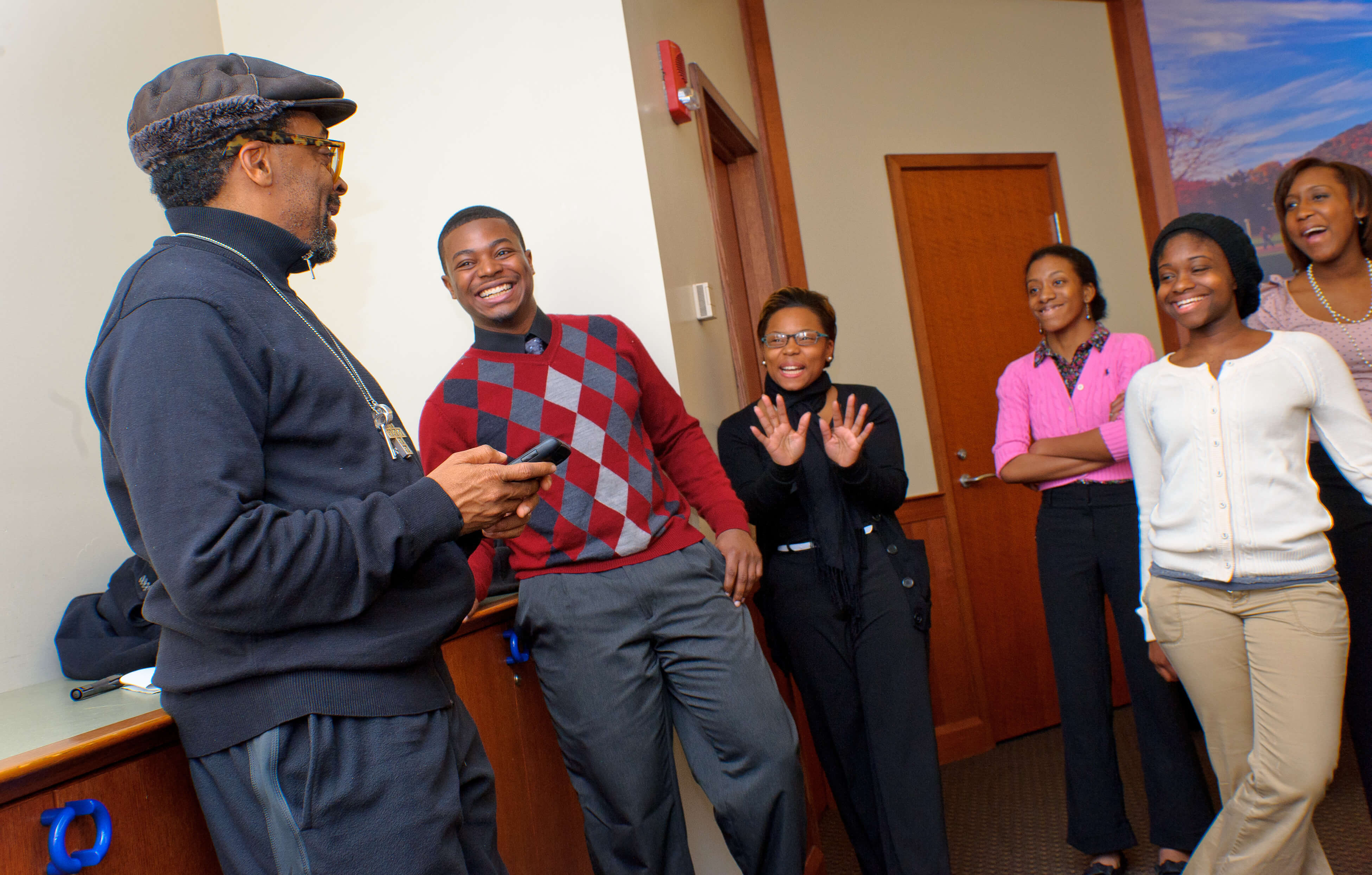 Spike Lee speaks with Quinnipiac students during a Black History Month event