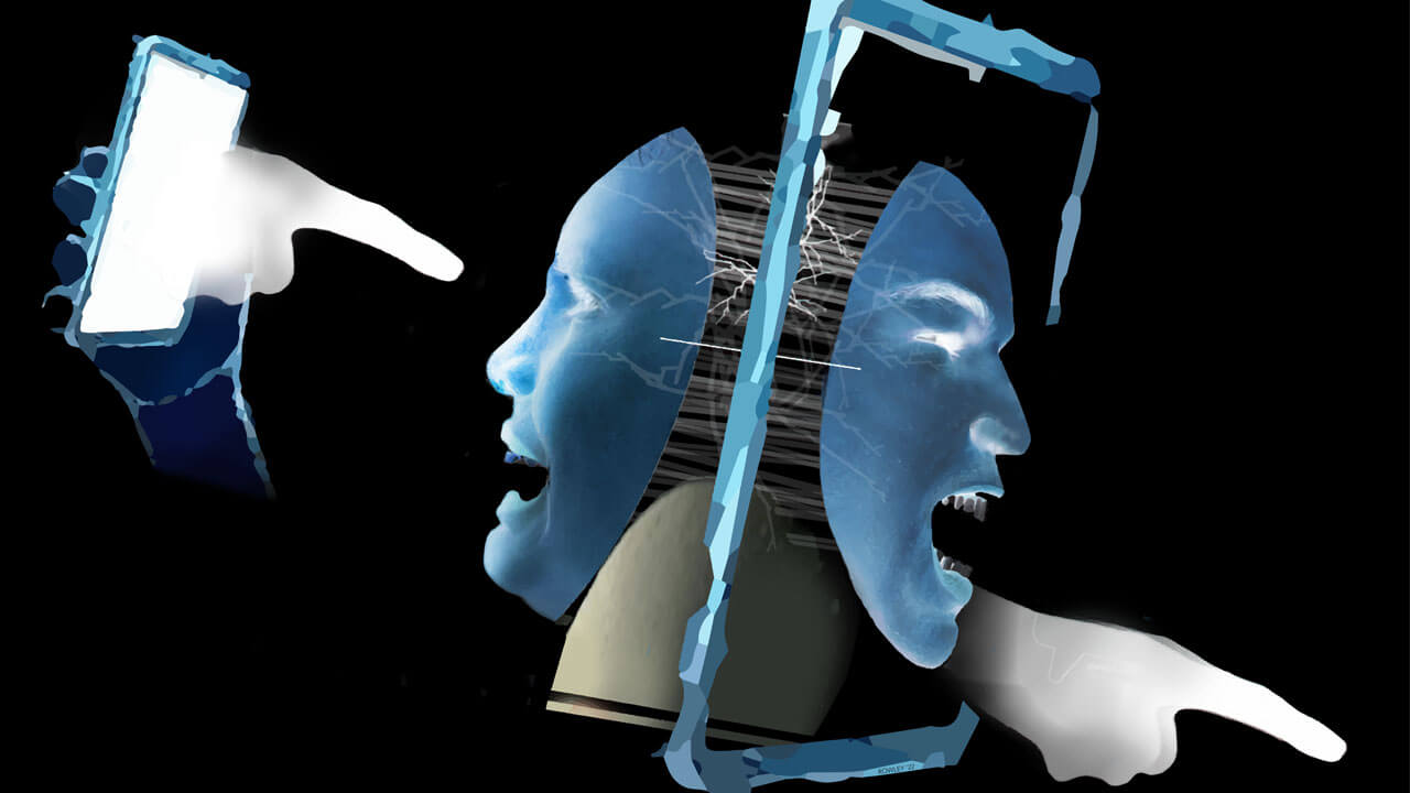 Illustration of bullying faces emerging from mobile device