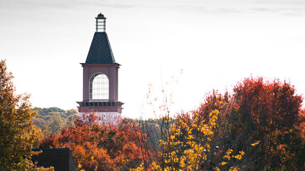 Tops of trees with autumn foliage surround the Quinnipiac library clocktower