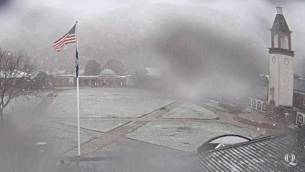 Screen shot of the live cam view on the Mount Carmel Campus quad during a snowy day