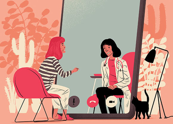 Patient talks to doctor through phone in illustration