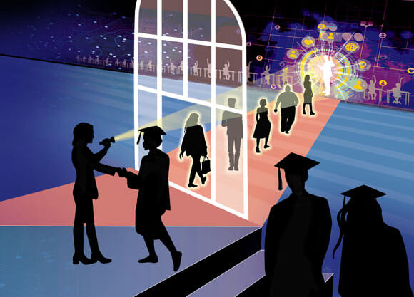 Drawing of education graduates walking a lighted path through a window to share info with eager kids