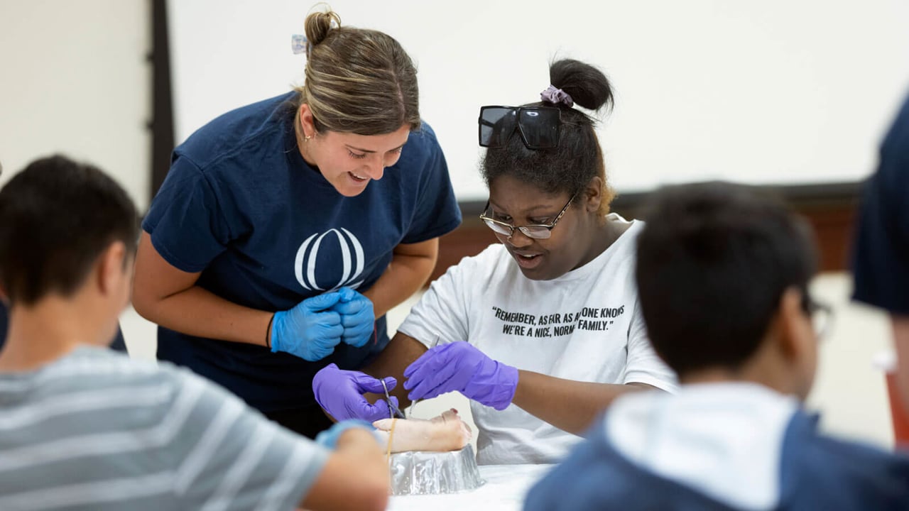 High school students work with a Quinnipiac professor and students during a health exploration camp.
