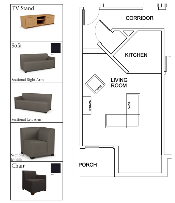 Floor plan layout and images of sofas, TV stand and chairs for The Hill residences