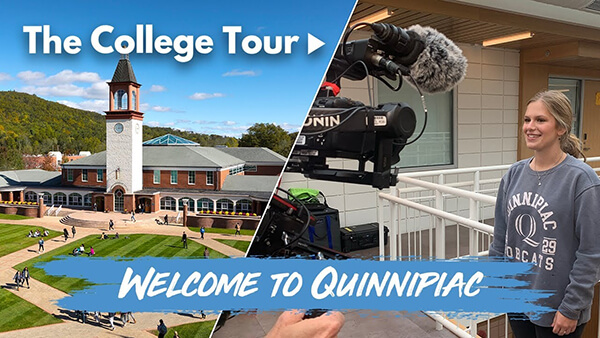The Quinnipiac Mount Carmel quad clocktower on the left with a student filming a segment of The College Tour on campus on the right