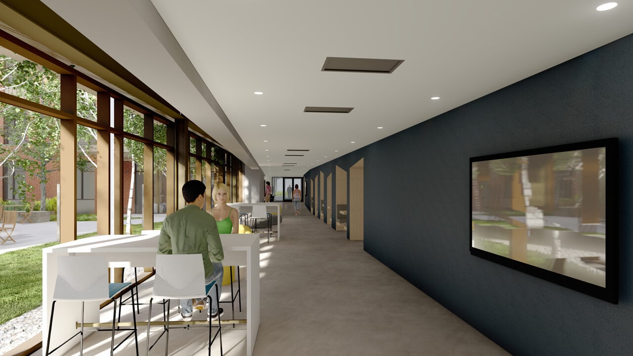 Rendering of a corridor in the new residence hall with bright windows and places to sit