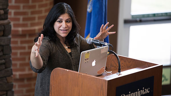Professor Sujata Gadkar-Wilcox speaks to Quinnipiac students at the 2018 International Women's Day teach-in