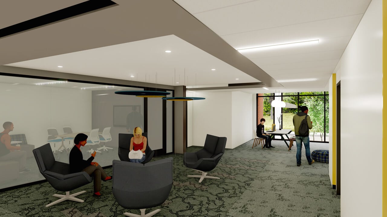 Rendering of a comfy and welcoming lounge in the new residence hall