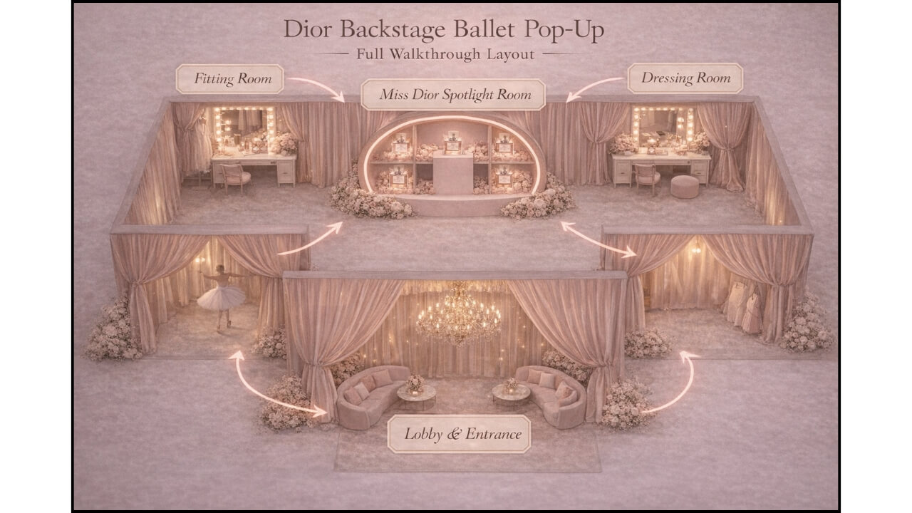 AI mockup of the layout of the Miss Dior ballet pop-up event