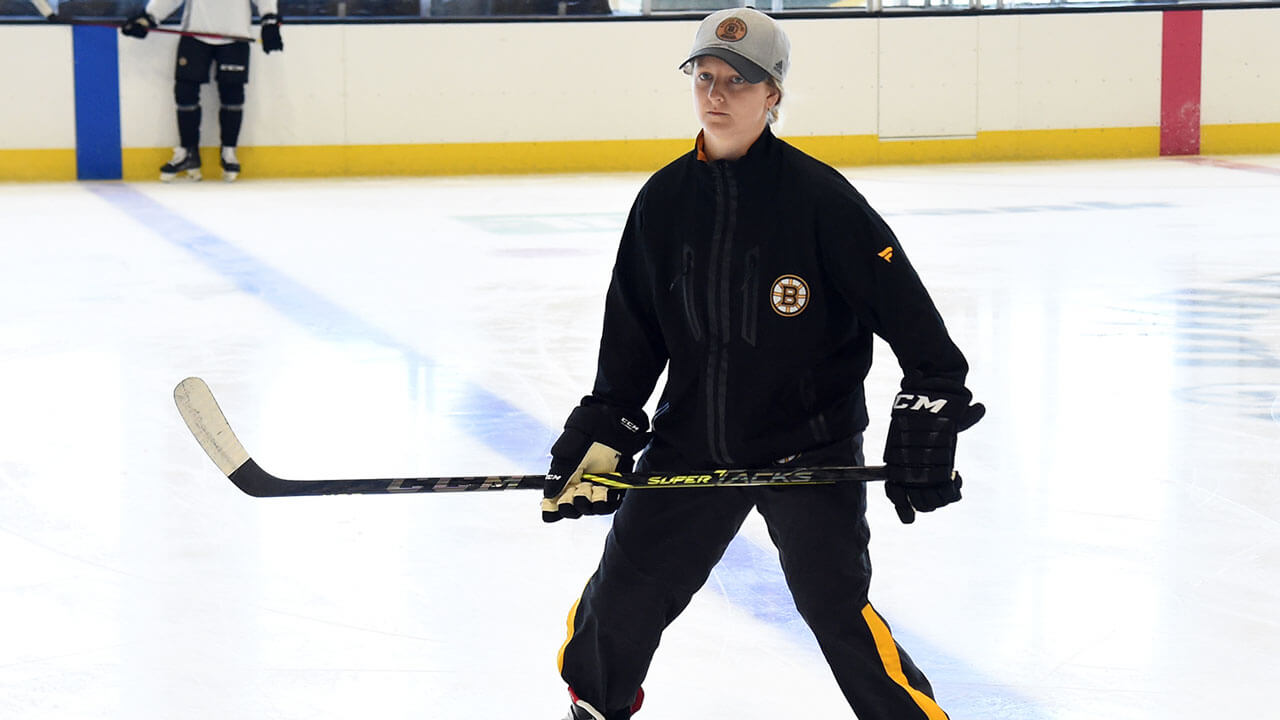Danielle Marmer is one of a handful of women serving in an on-ice coaching role for an NHL team. (Photo courtesy of Steve Babineau / Boston Bruins)