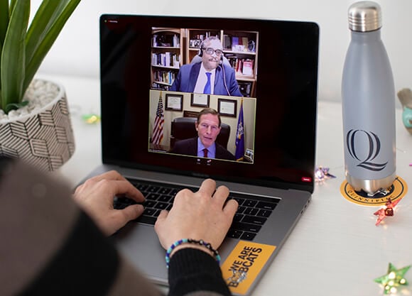 A student watches Sen. Blumenthal on her computer.