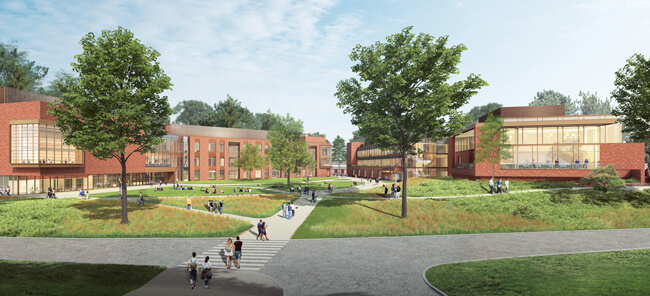 Rendering of the new academic buildings on the South Quad on the Mount Carmel Campus